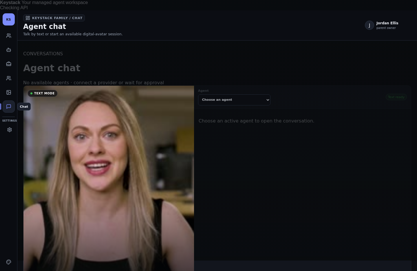 Keystack Chat page with an avatar video and no agent chosen